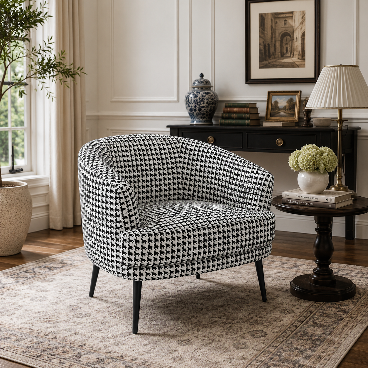 Arlo Classic Houndstooth Premium Polyester Fabric Accent Chair in White & Black