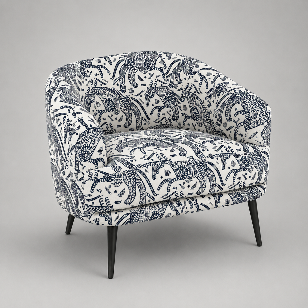 Arlo Safari Sketch Premium Polyester Fabric Accent Chair in White & Black