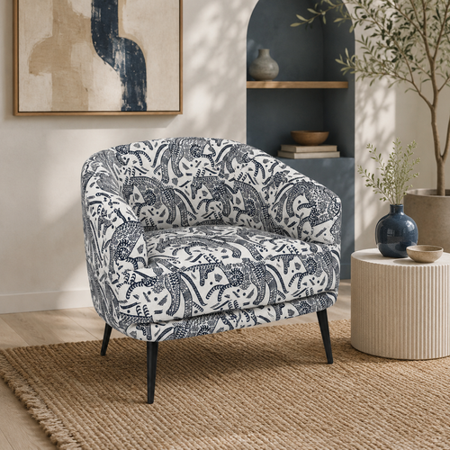 Arlo Safari Sketch Premium Polyester Fabric Accent Chair in White & Black