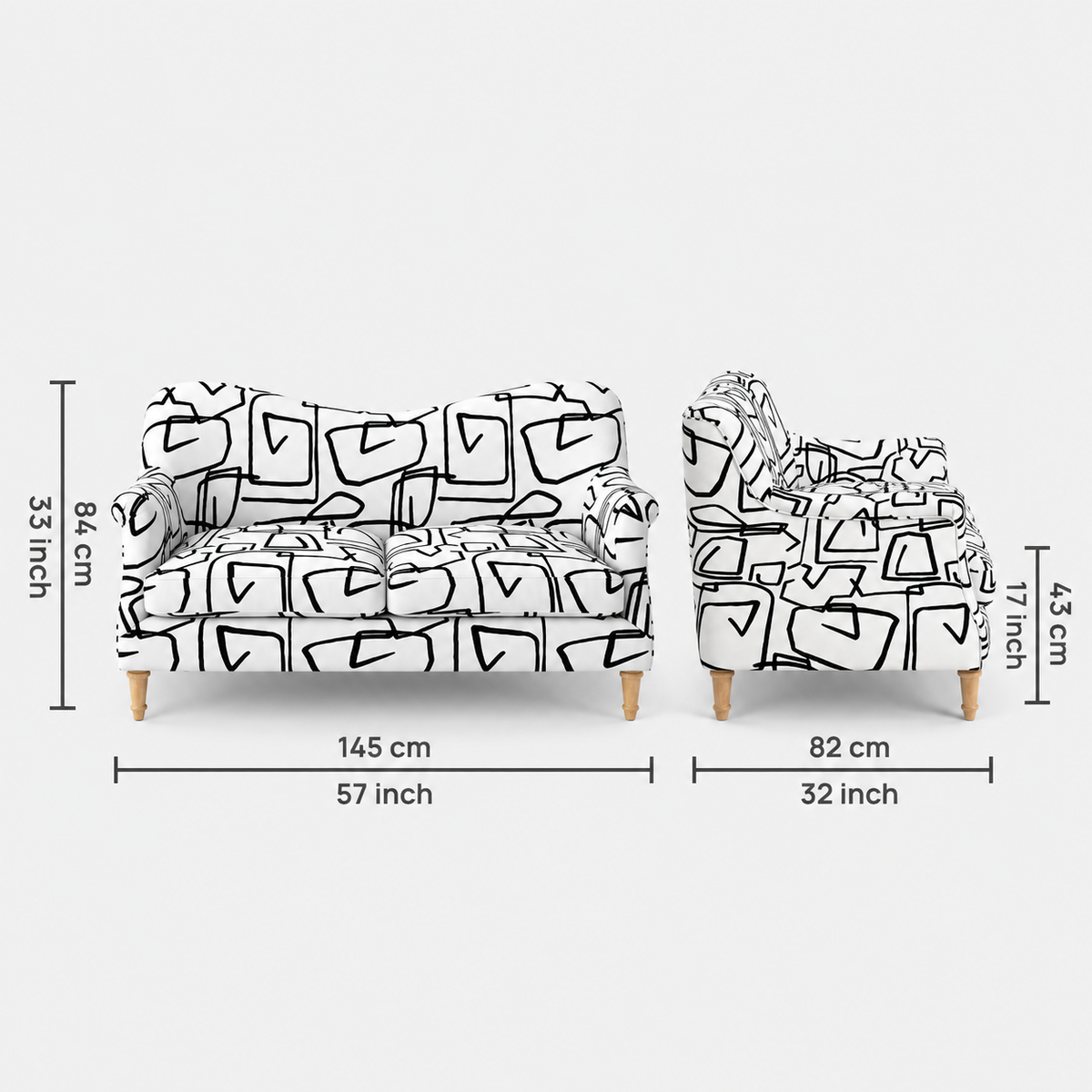 Capri Abstract Linear 2 Seater Premium Polyester Upholstered Sofa in White & Black