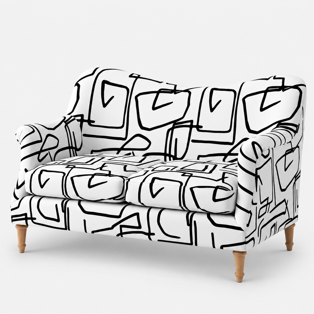 Capri Abstract Linear 2 Seater Premium Polyester Upholstered Sofa in White & Black