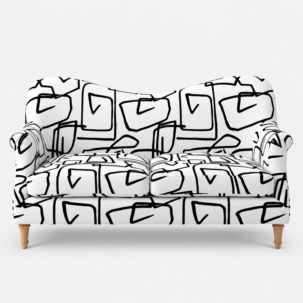 Capri Abstract Linear 2 Seater Premium Polyester Upholstered Sofa in White & Black