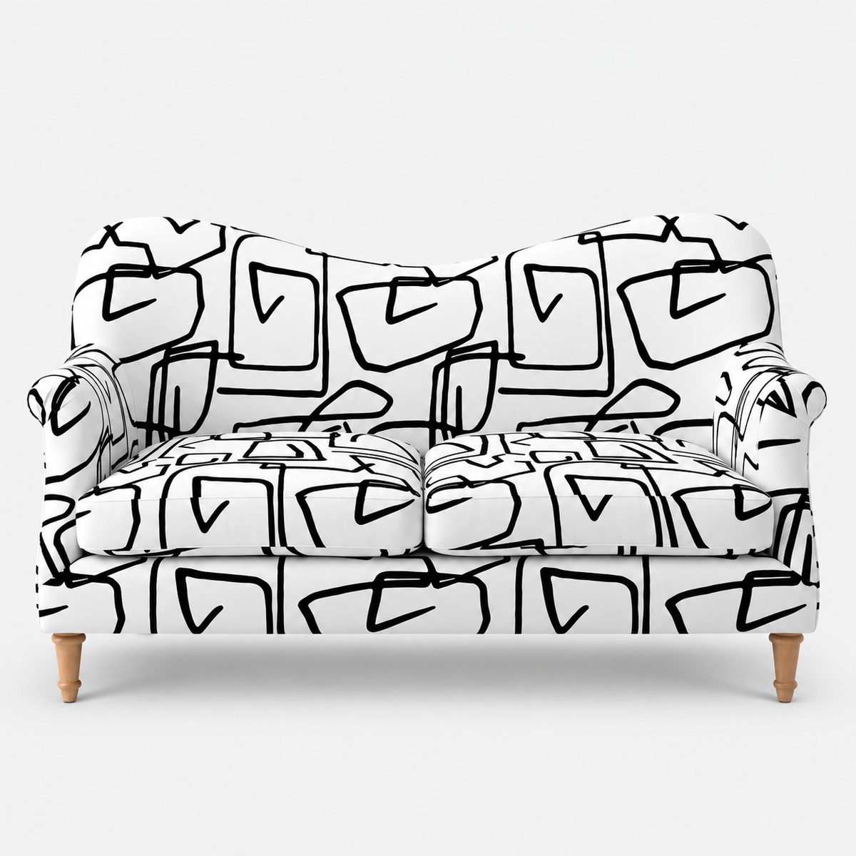 Capri Abstract Linear 2 Seater Premium Polyester Upholstered Sofa in White & Black