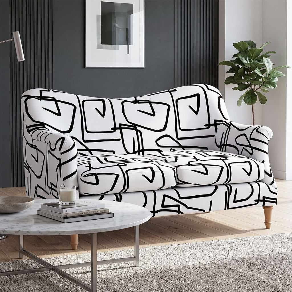 Capri Abstract Linear 2 Seater Premium Polyester Upholstered Sofa in White & Black