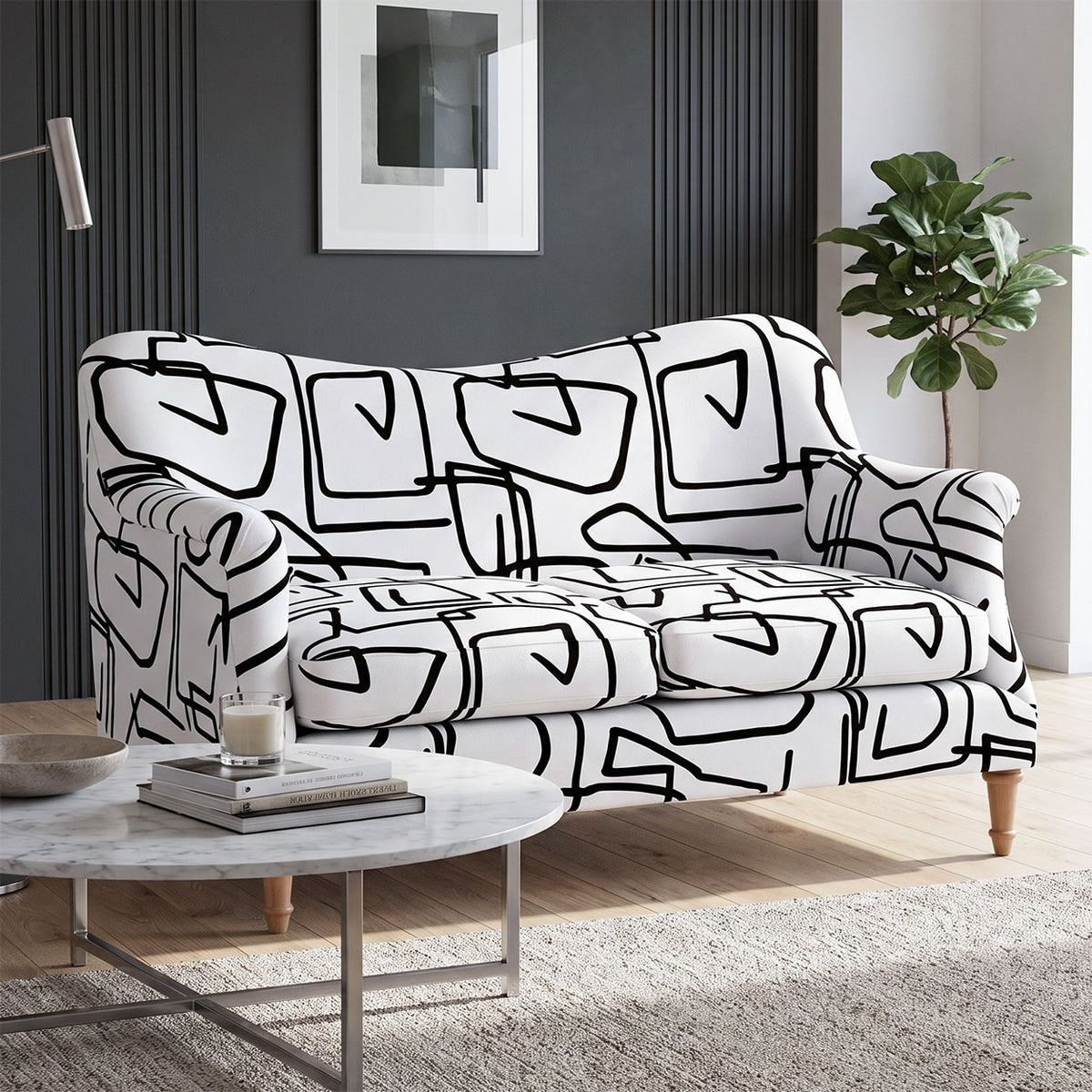 Capri Abstract Linear 2 Seater Premium Polyester Upholstered Sofa in White & Black