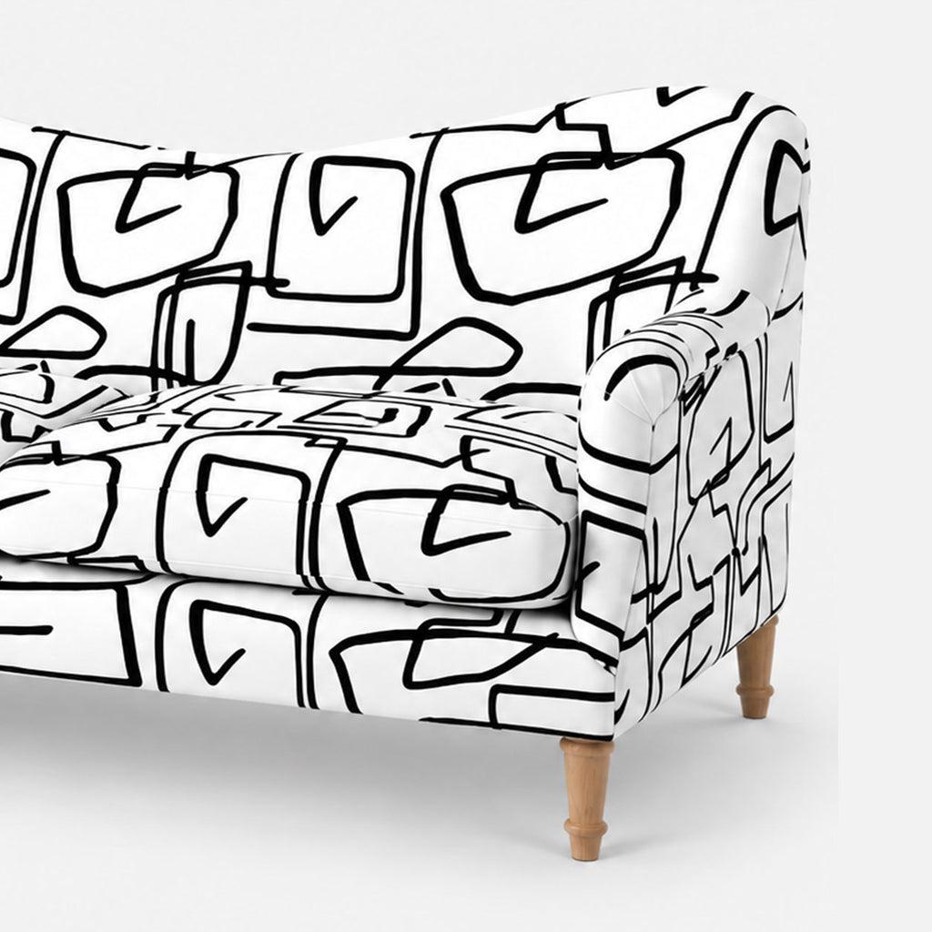 Capri Abstract Linear 3 Seater Premium Polyester Upholstered Sofa in White & Black