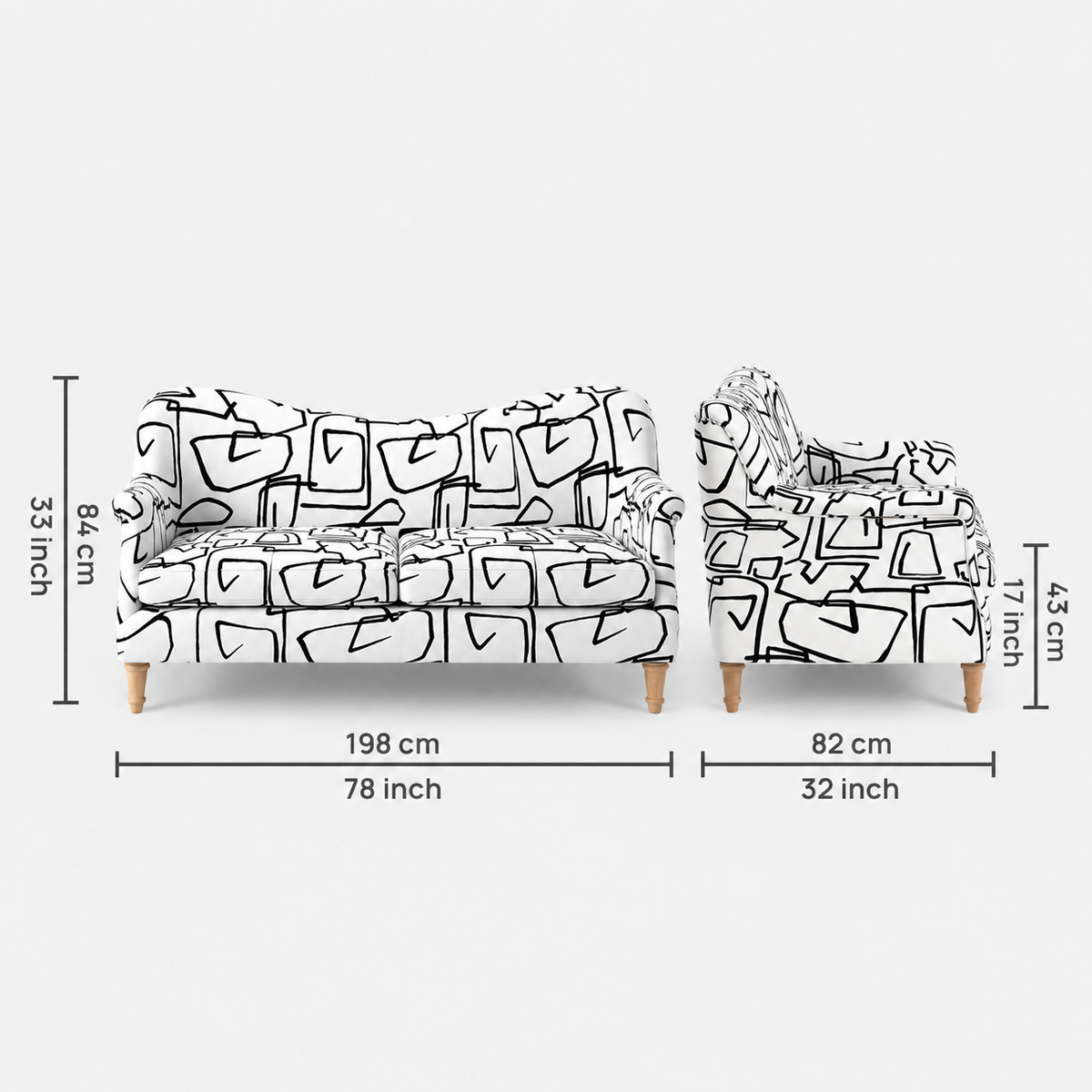 Capri Abstract Linear 3 Seater Premium Polyester Upholstered Sofa in White & Black