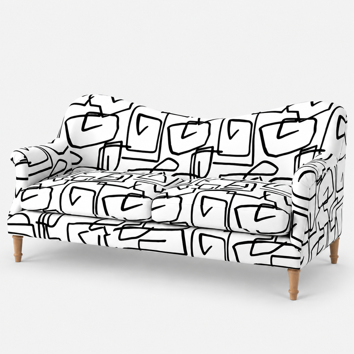 Capri Abstract Linear 3 Seater Premium Polyester Upholstered Sofa in White & Black