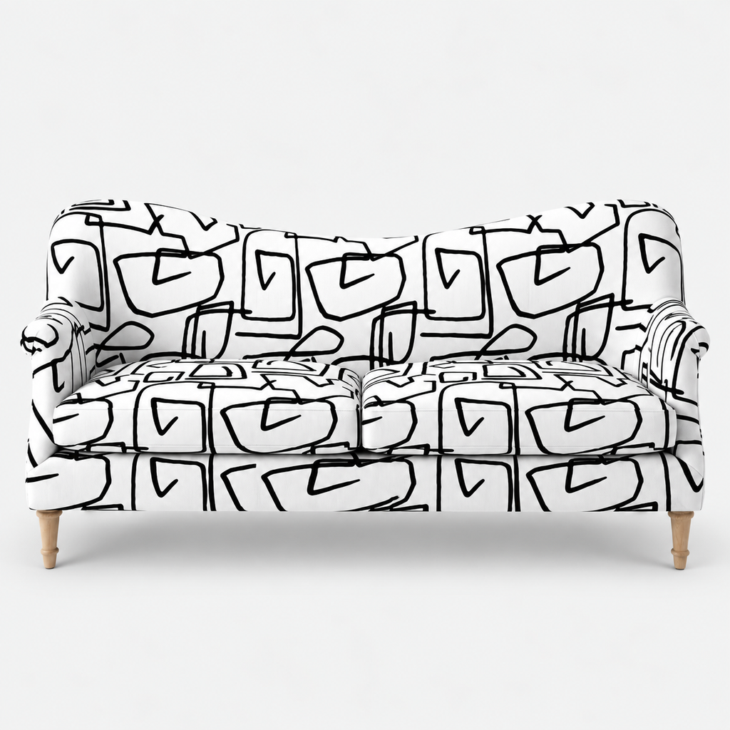 Capri Abstract Linear 3 Seater Premium Polyester Upholstered Sofa in White & Black
