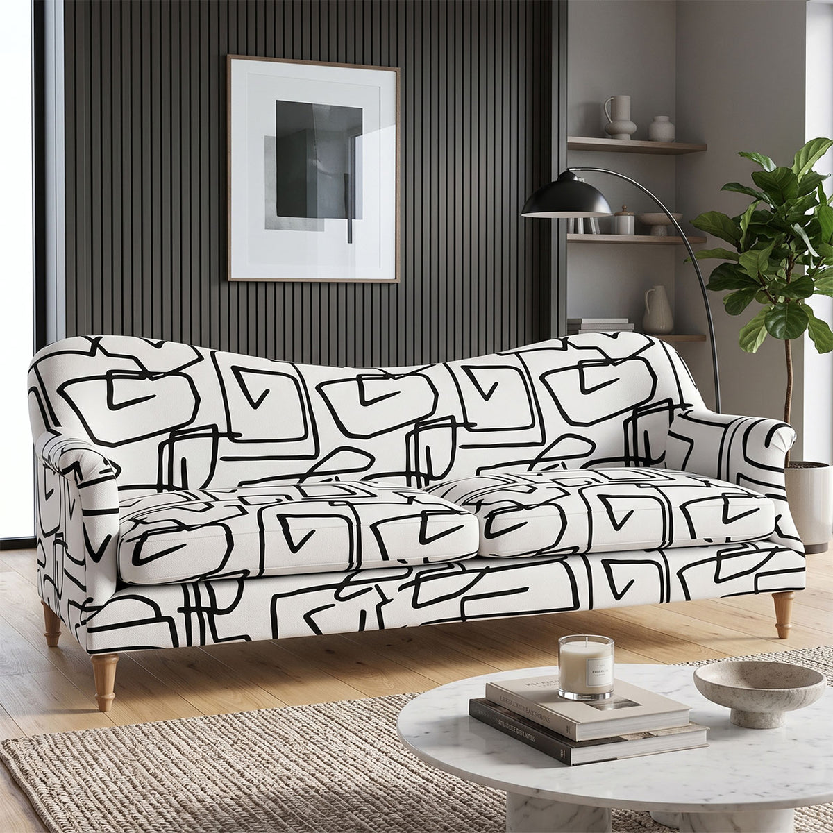 Capri Abstract Linear 3 Seater Premium Polyester Upholstered Sofa in White & Black