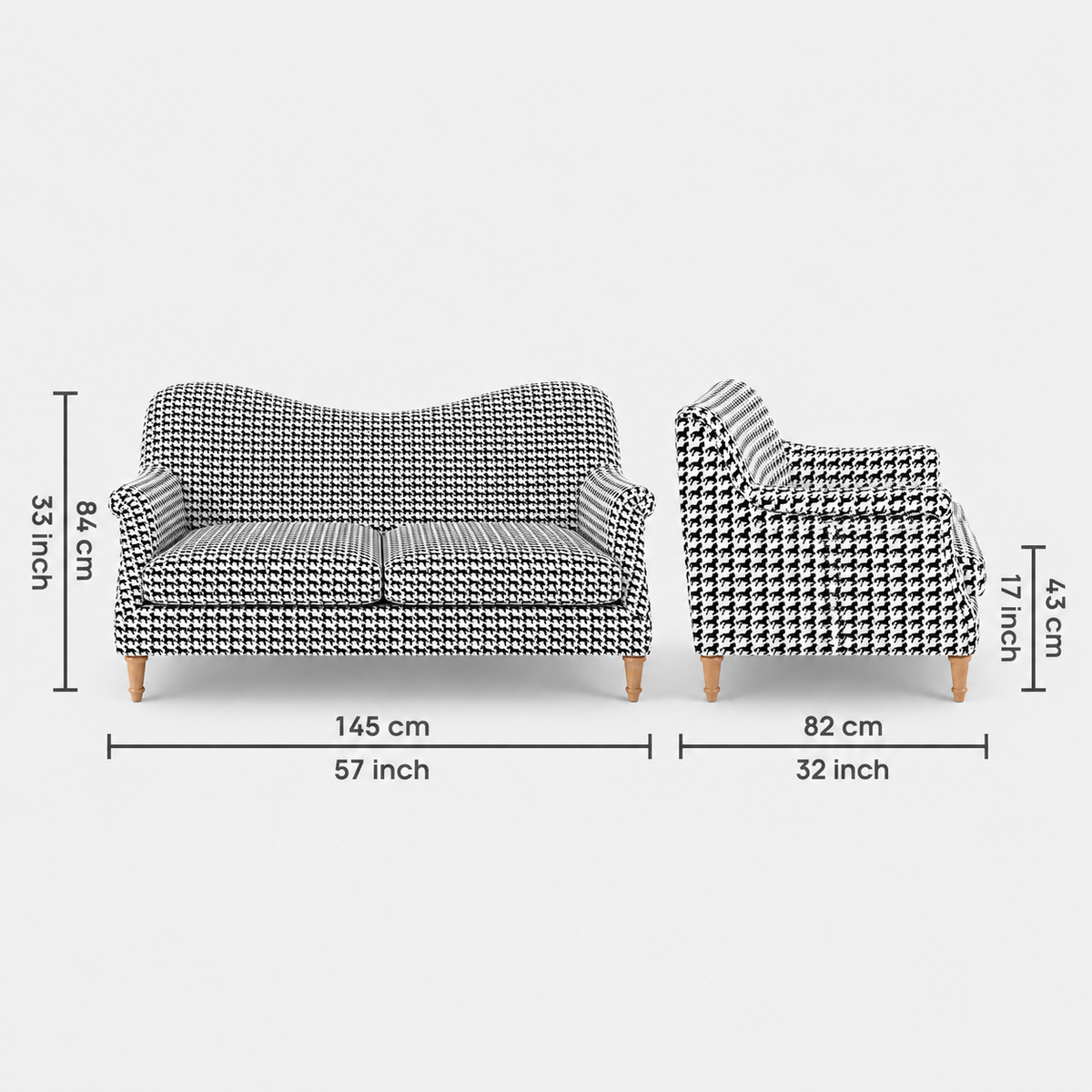 Capri Classic Houndstooth 2 Seater Premium Polyester Upholstered Sofa in White & Black