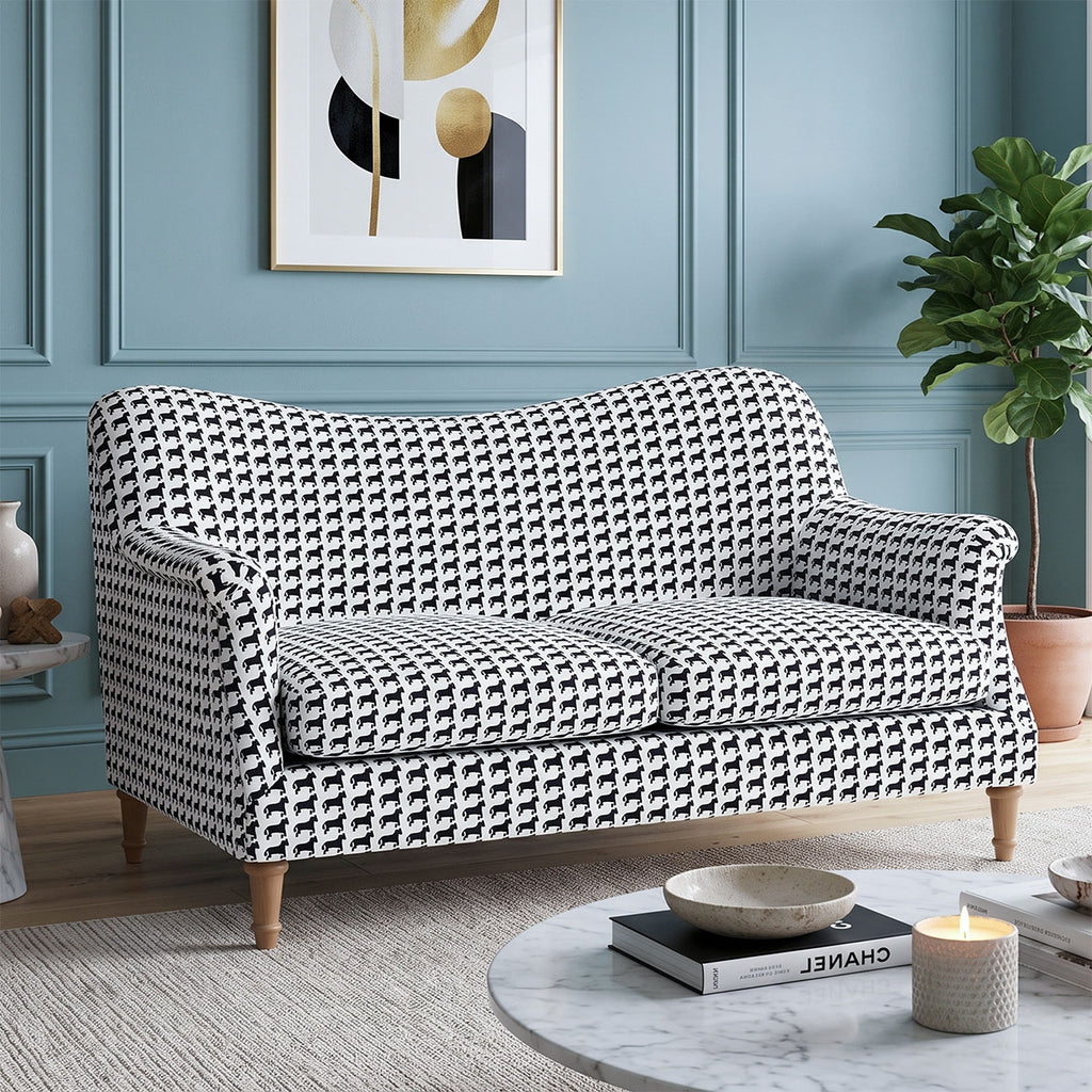 Capri Classic Houndstooth 2 Seater Premium Polyester Upholstered Sofa in White & Black