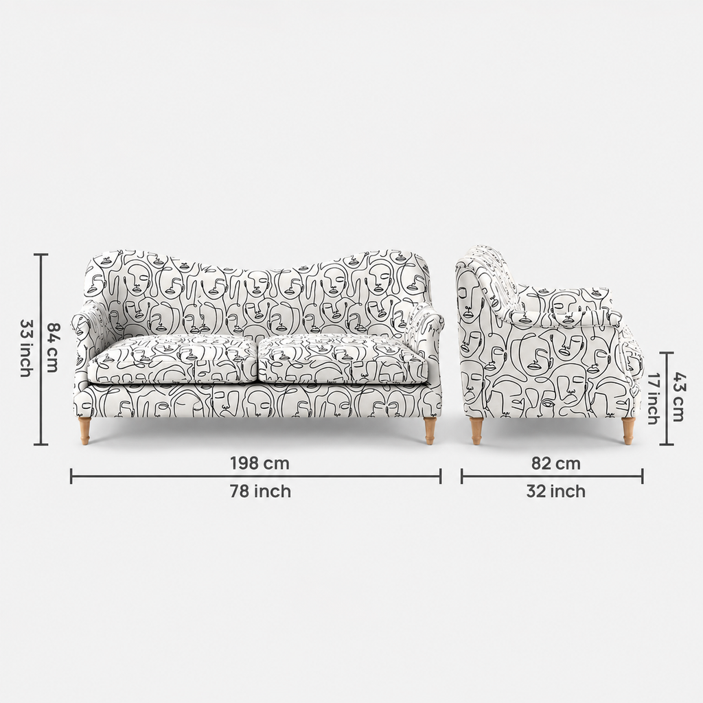 Capri Modern Muse 3 Seater Premium Polyester Upholstered Sofa in White & Black