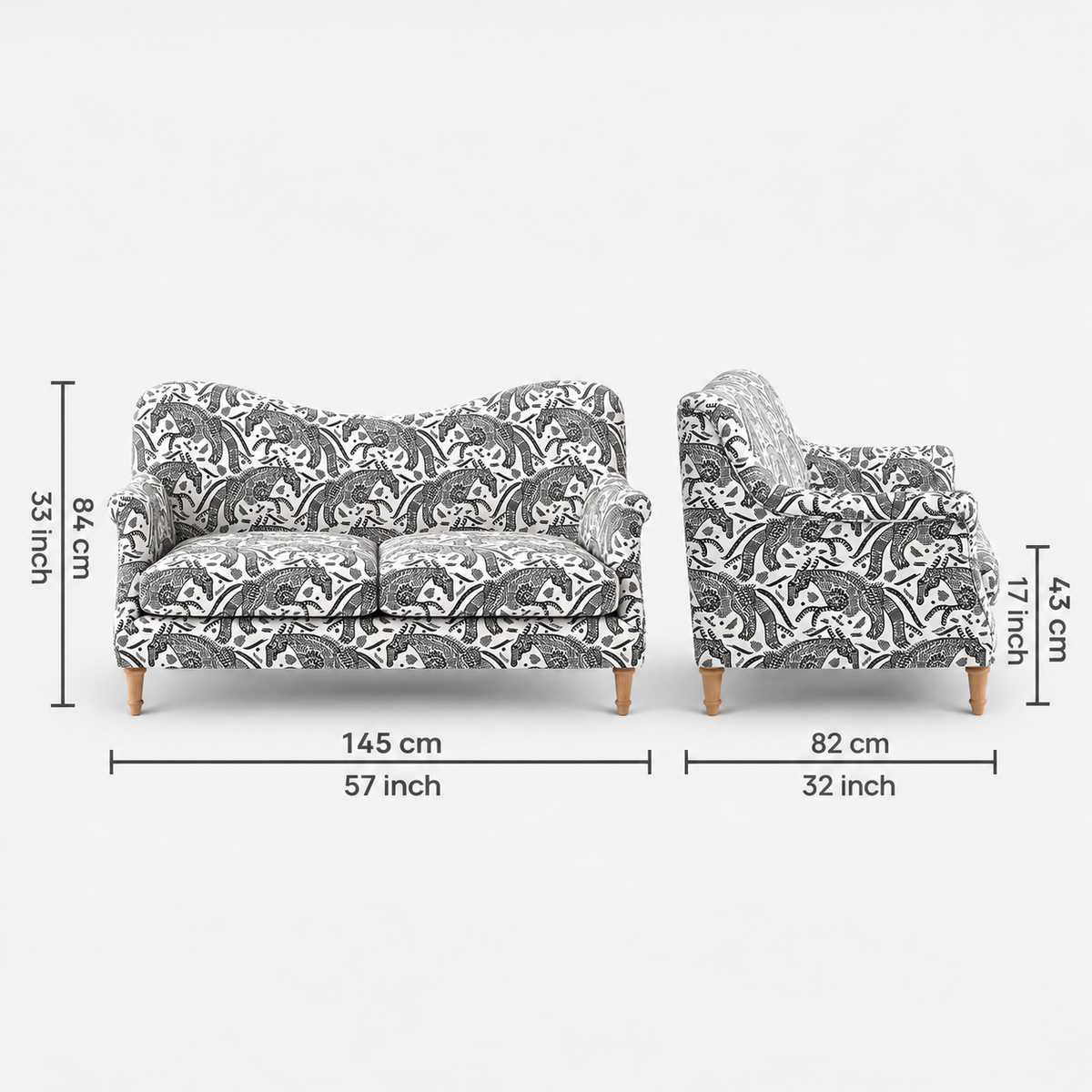 Capri Safari Sketch 2 Seater Premium Polyester Upholstered Sofa in White & Black