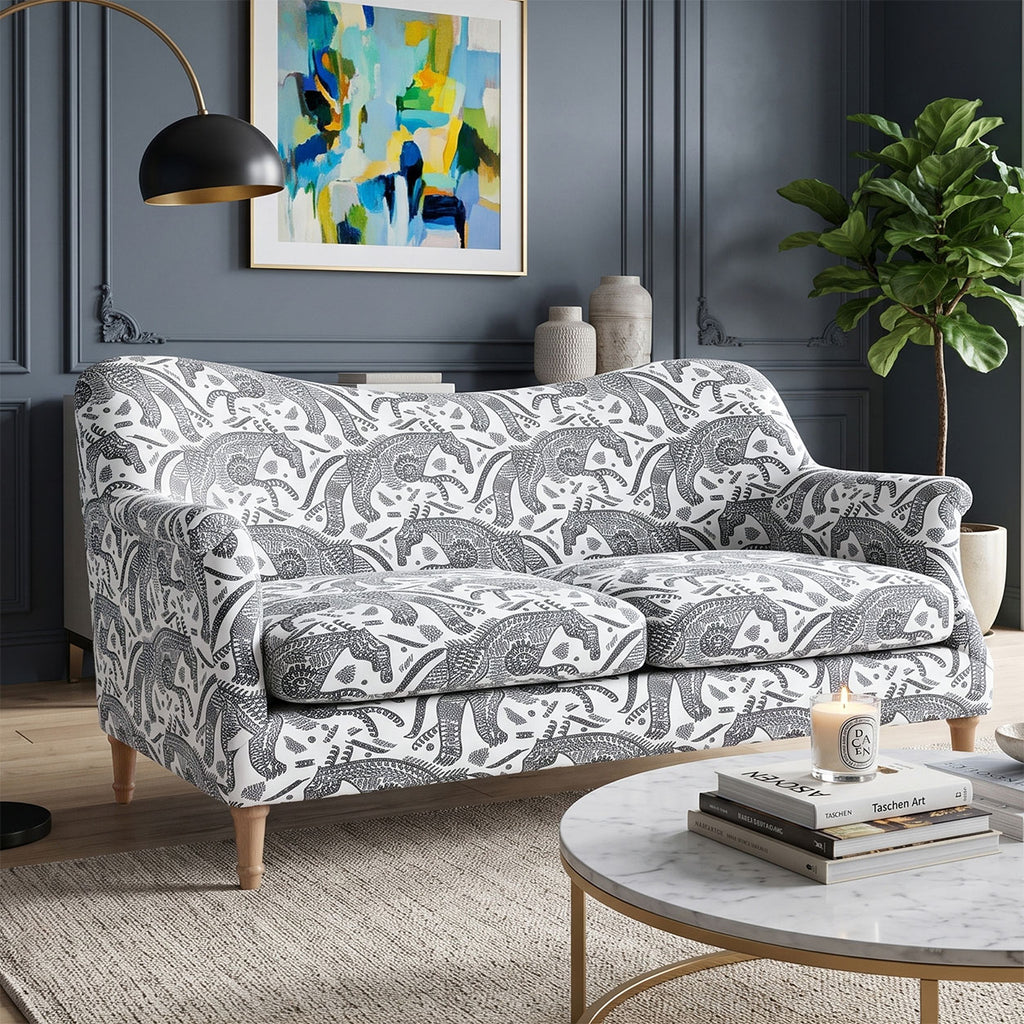 Capri Safari Sketch 2 Seater Premium Polyester Upholstered Sofa in White & Black