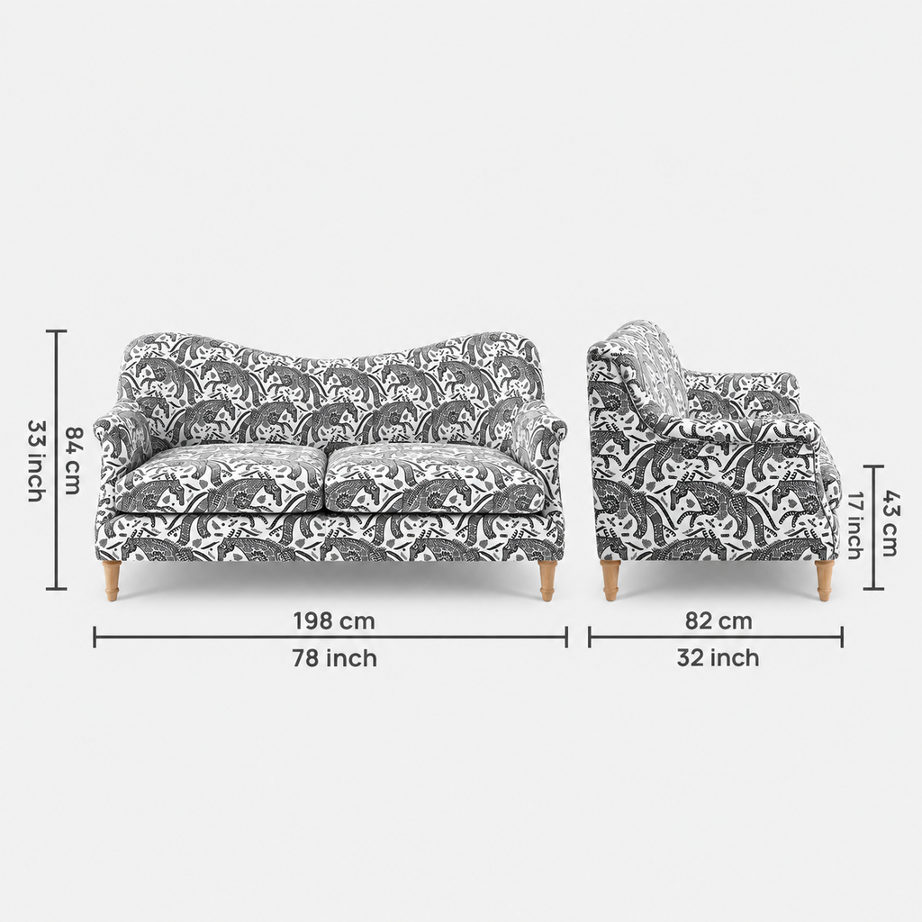 Capri Safari Sketch 3 Seater Premium Polyester Upholstered Sofa in White & Black