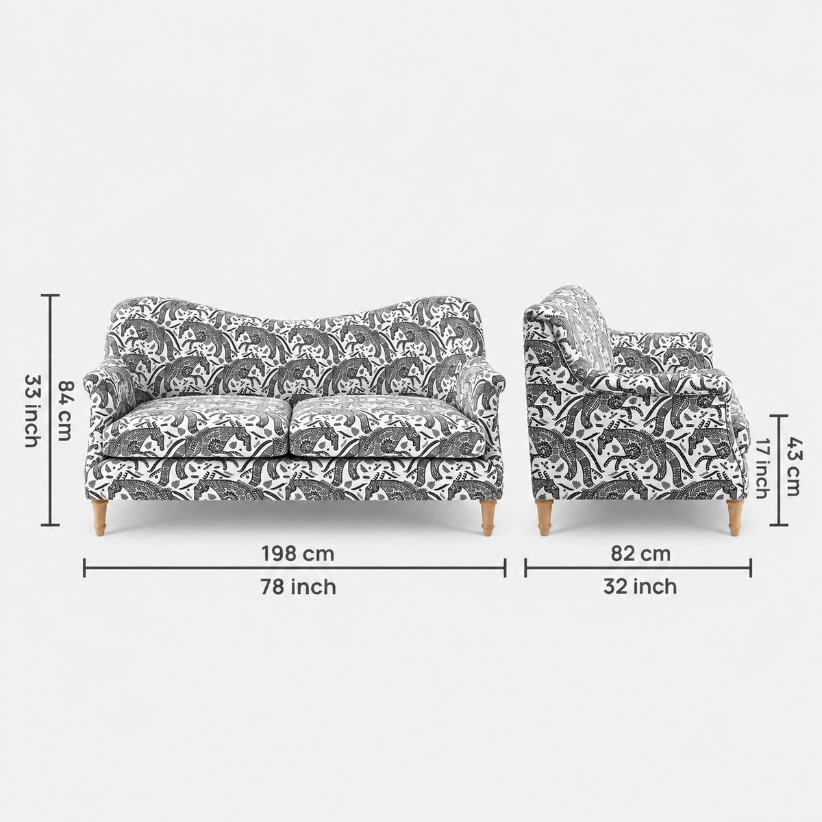 Capri Safari Sketch 3 Seater Premium Polyester Upholstered Sofa in White & Black