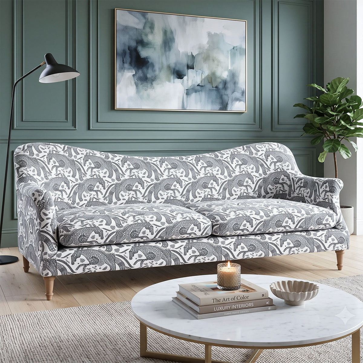 Capri Safari Sketch 3 Seater Premium Polyester Upholstered Sofa in White & Black