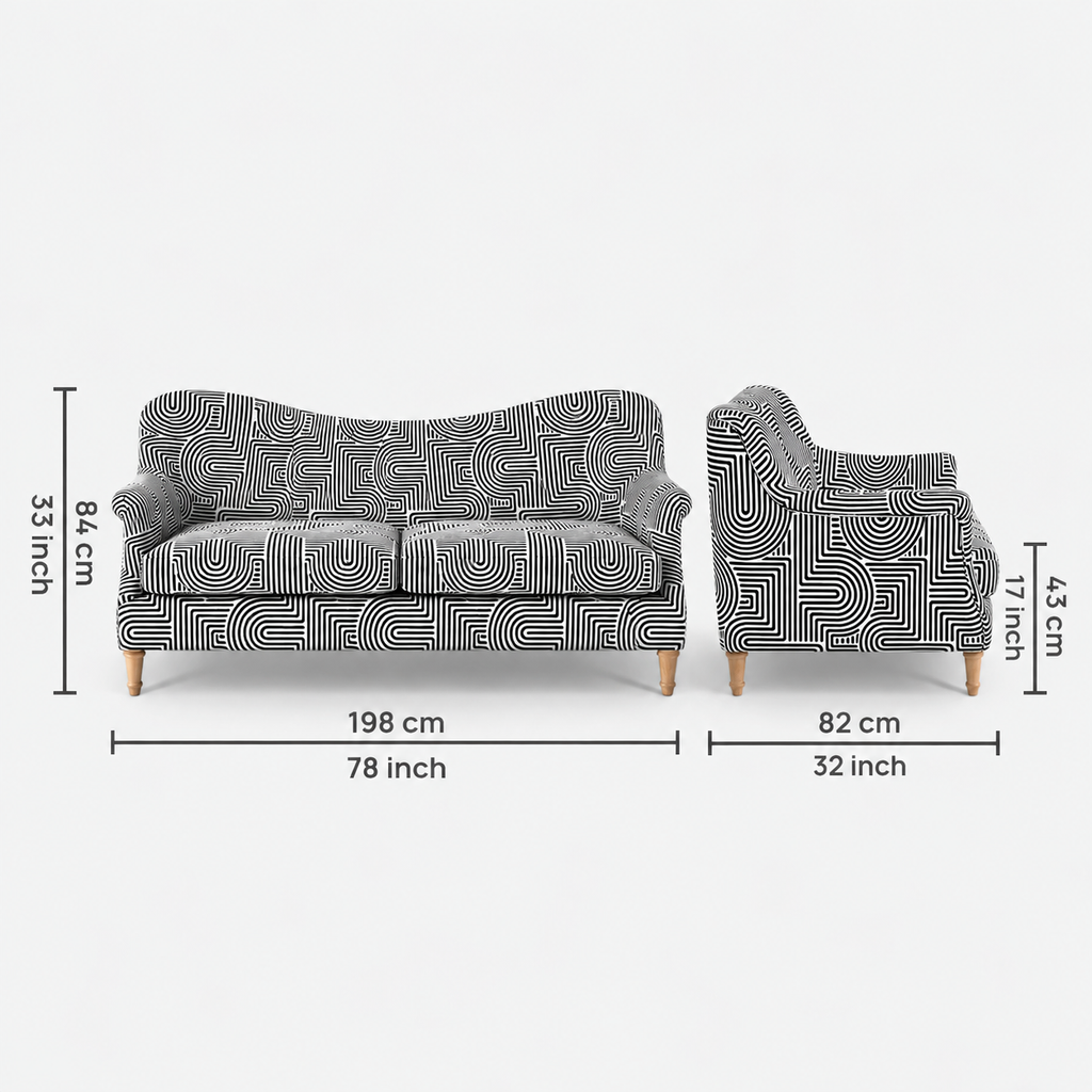 Capri Urban Maze 3 Seater Premium Polyester Upholstered Sofa in White & Black