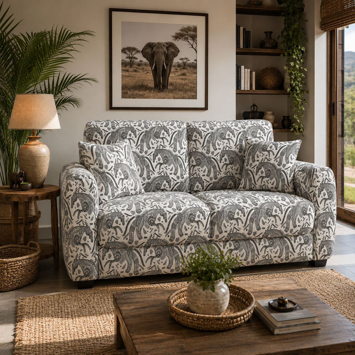 Orion Safari Sketch 2 Seater Premium Polyester Upholstered Sofa in White & Black