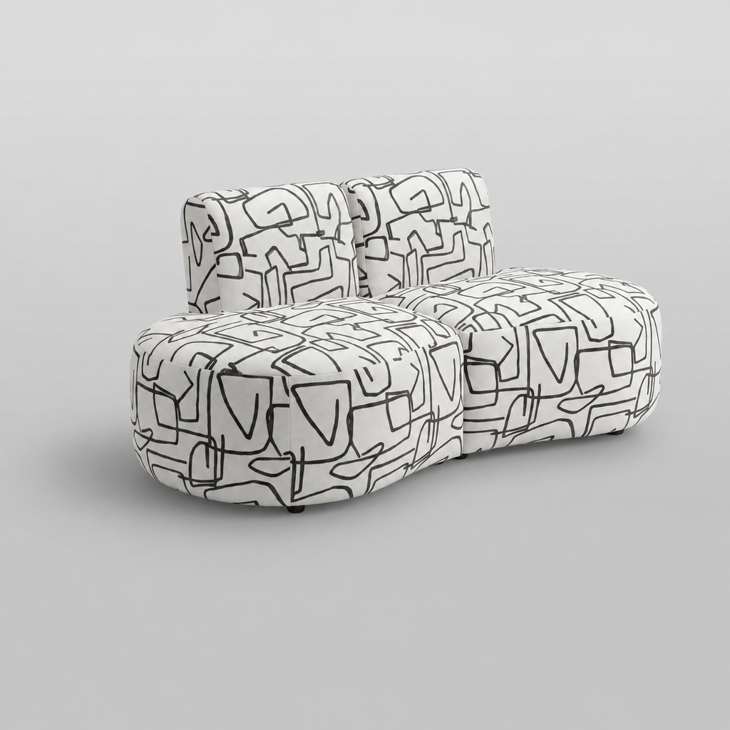 Nova Abstract Linear 3 Seater Premium Polyester Fabric Armless Sofa in White & Black