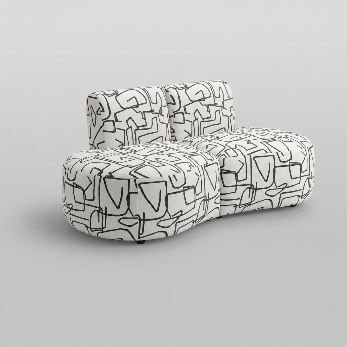 Nova Abstract Linear 3 Seater Premium Polyester Fabric Armless Sofa in White & Black