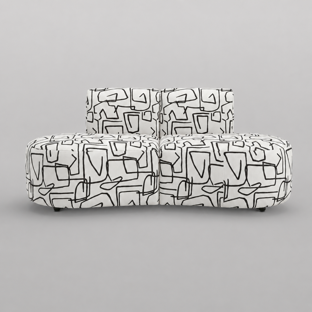 Nova Abstract Linear 3 Seater Premium Polyester Fabric Armless Sofa in White & Black