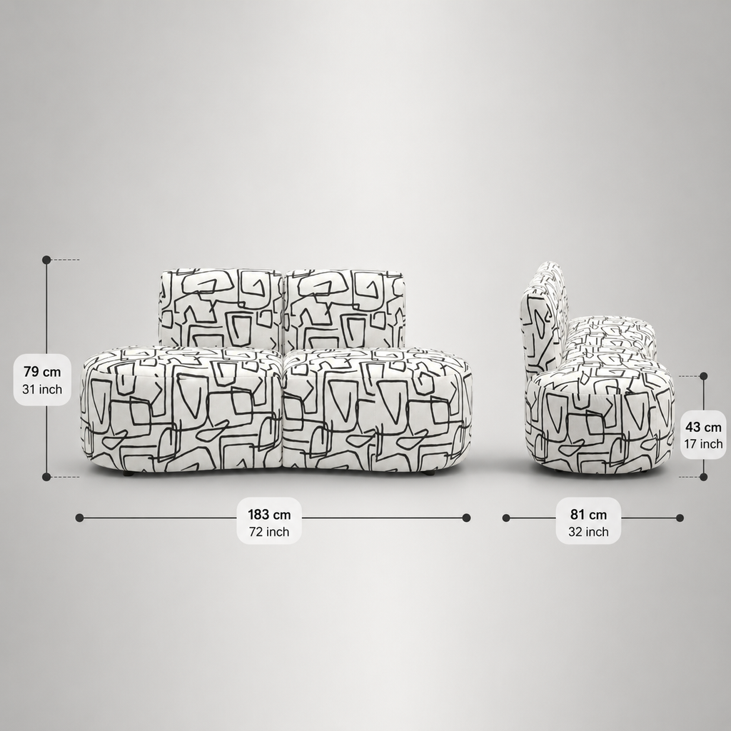 Nova Abstract Linear 3 Seater Premium Polyester Fabric Armless Sofa in White & Black