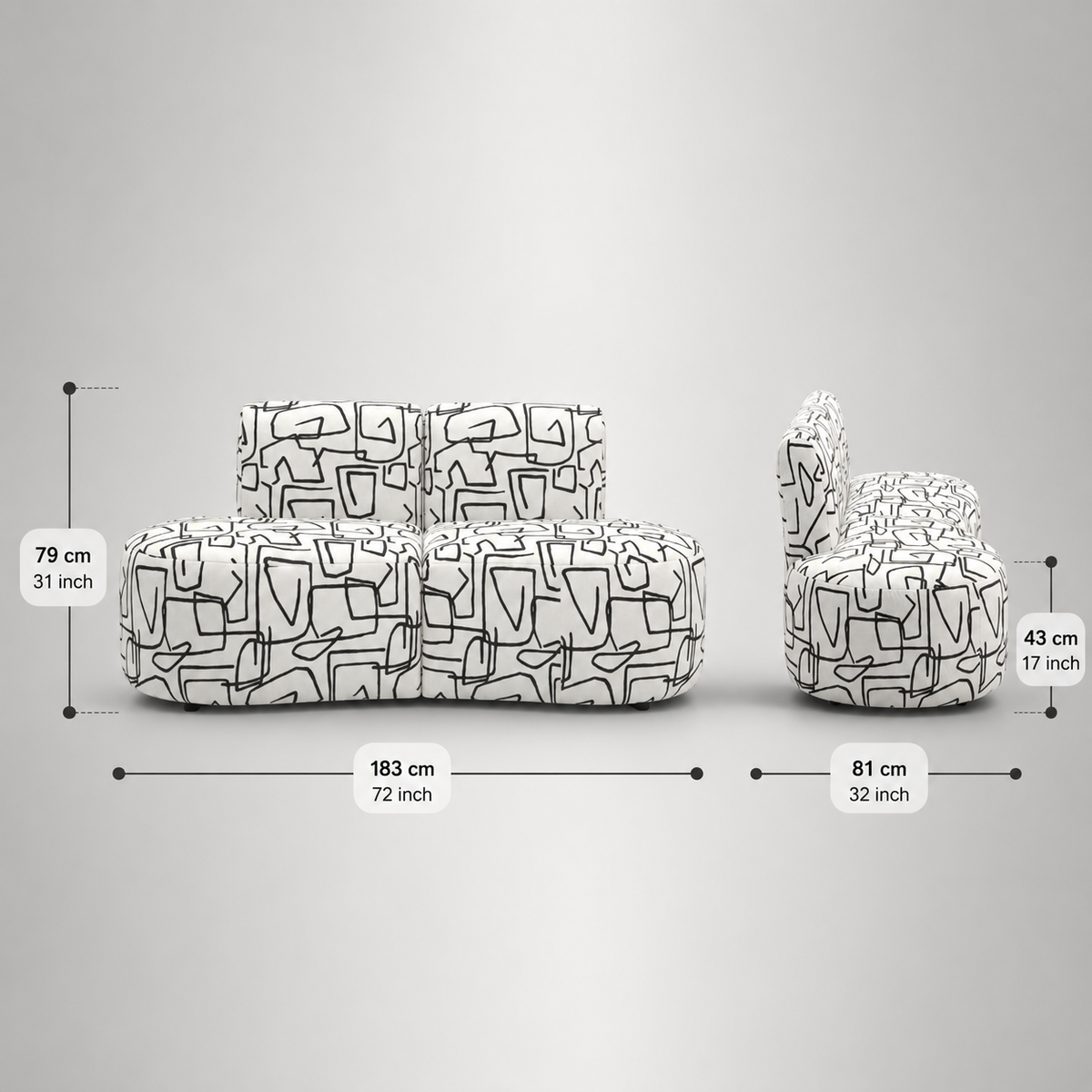 Nova Abstract Linear 3 Seater Premium Polyester Fabric Armless Sofa in White & Black