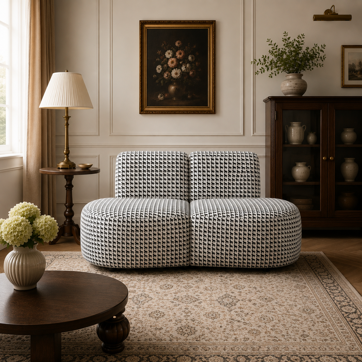 Nova Classic Houndstooth 3 Seater Premium Polyester Fabric Armless Sofa in White & Black