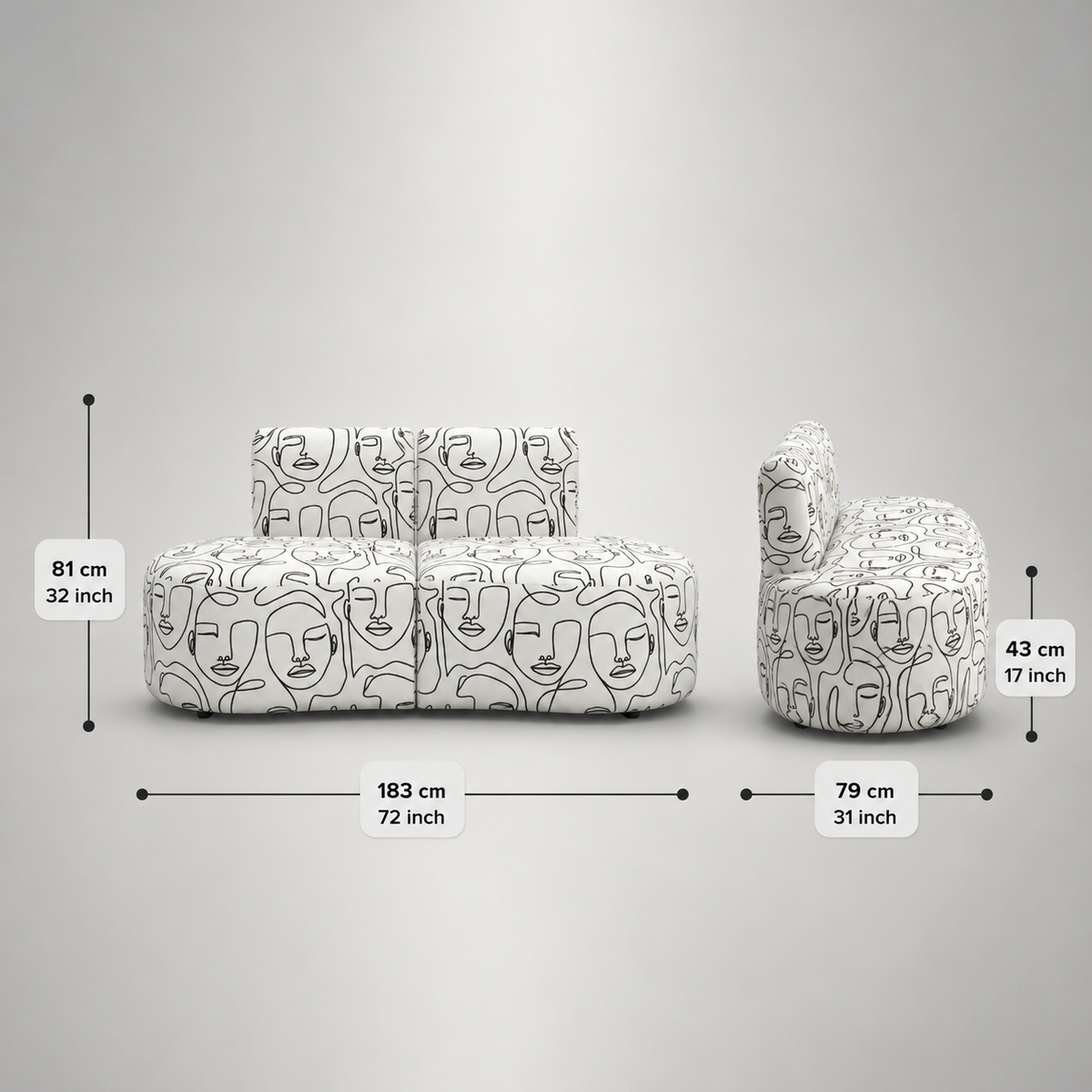 Nova Modern Muse 3 Seater Premium Polyester Fabric Armless Sofa in White & Black