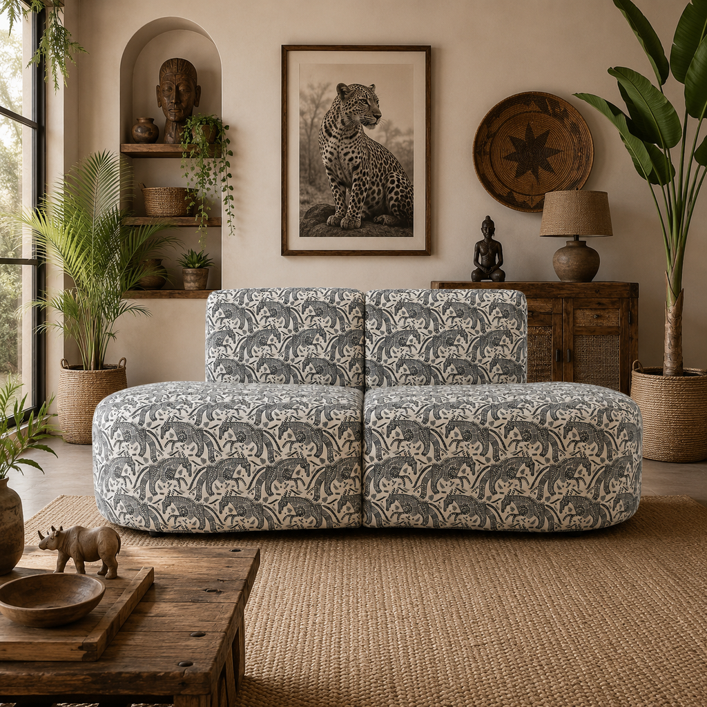 Nova Safari Sketch 3 Seater Premium Polyester Fabric Armless Sofa in White & Black