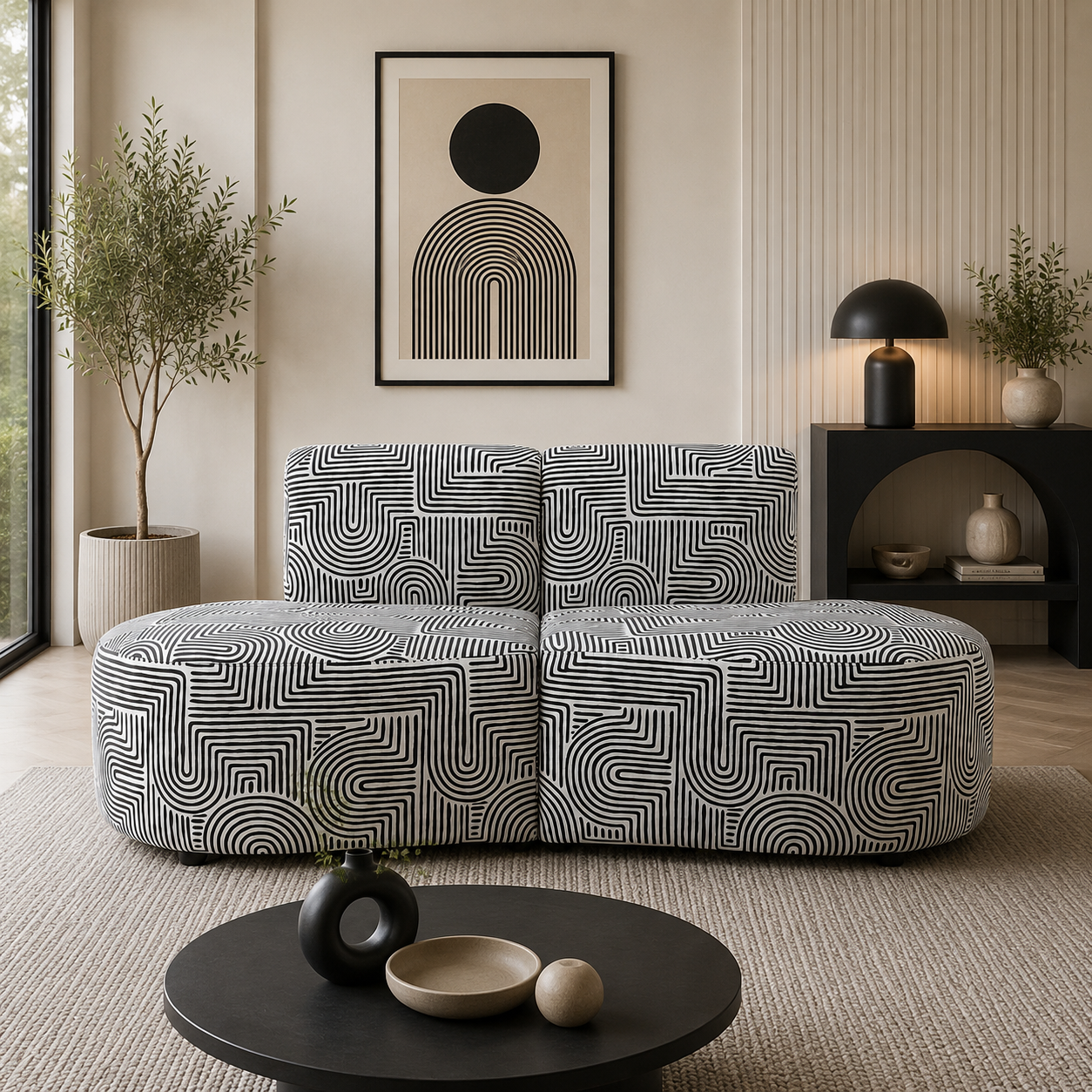 Nova Urban Maze 3 Seater Premium Polyester Fabric Armless Sofa in White & Black