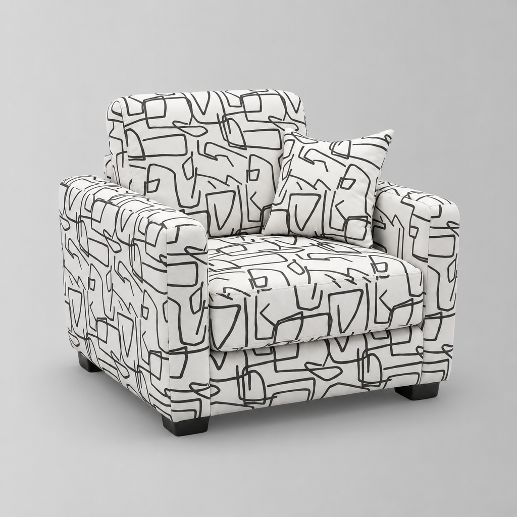 Orion Abstract Linear 1 Seater Premium Polyester Upholstered Sofa in White & Black