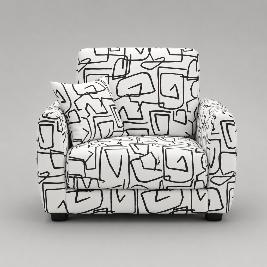 Orion Abstract Linear 1 Seater Premium Polyester Upholstered Sofa in White & Black