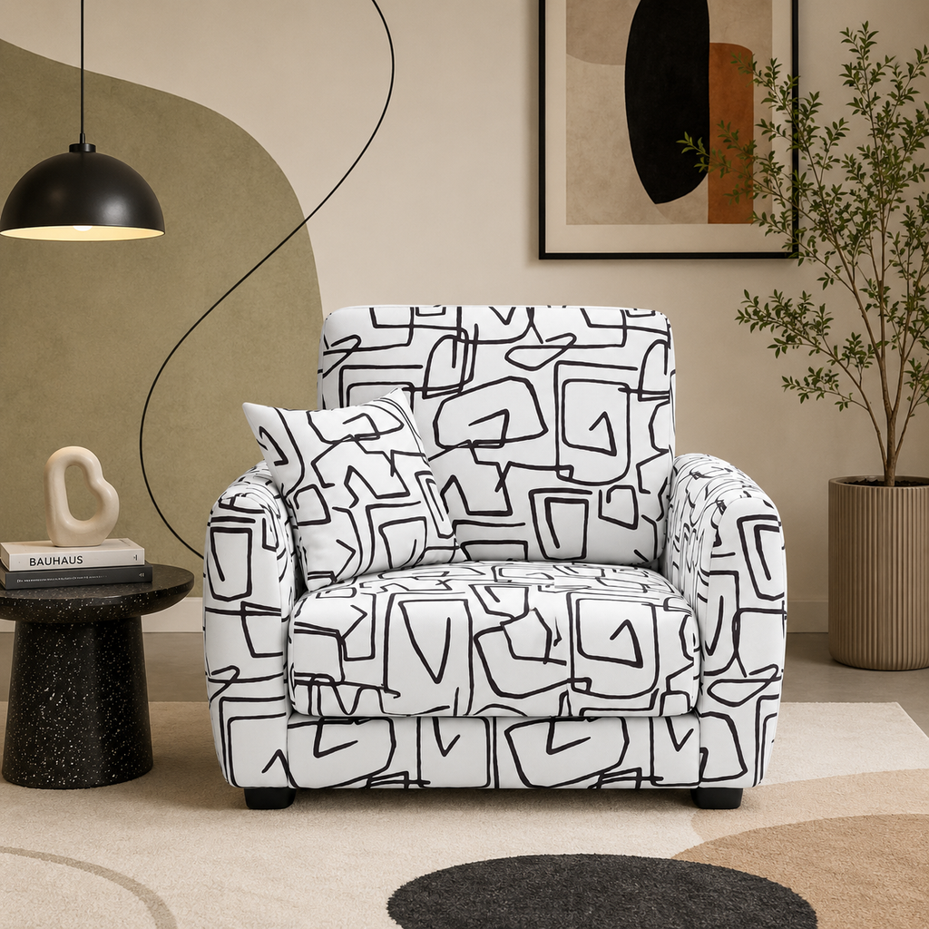 Orion Abstract Linear 1 Seater Premium Polyester Upholstered Sofa in White & Black