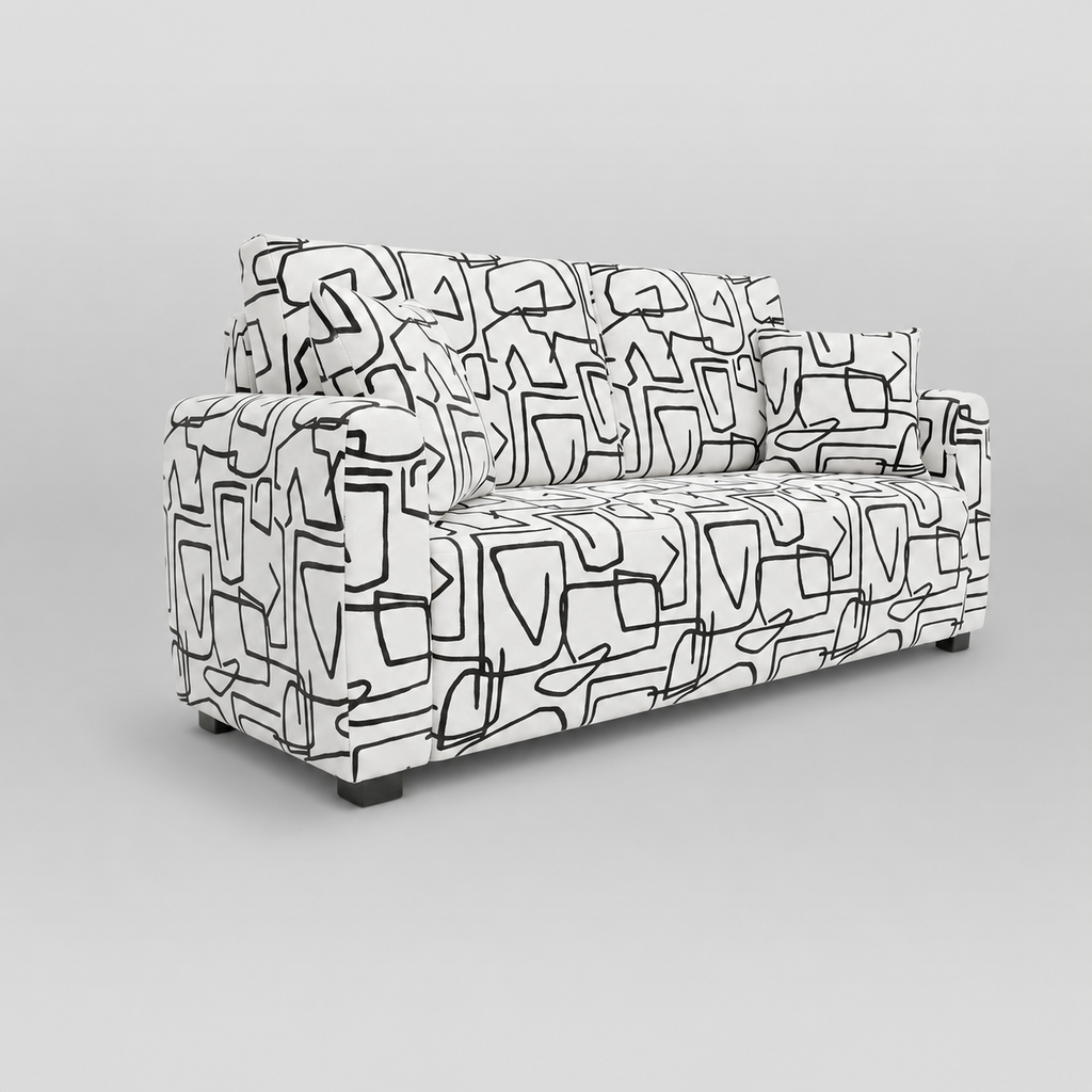 Orion Abstract Linear 2 Seater Premium Polyester Upholstered Sofa in White & Black