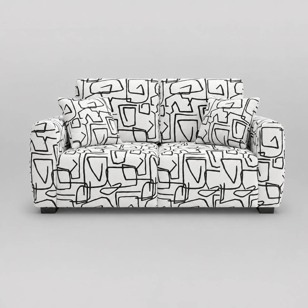 Orion Abstract Linear 2 Seater Premium Polyester Upholstered Sofa in White & Black