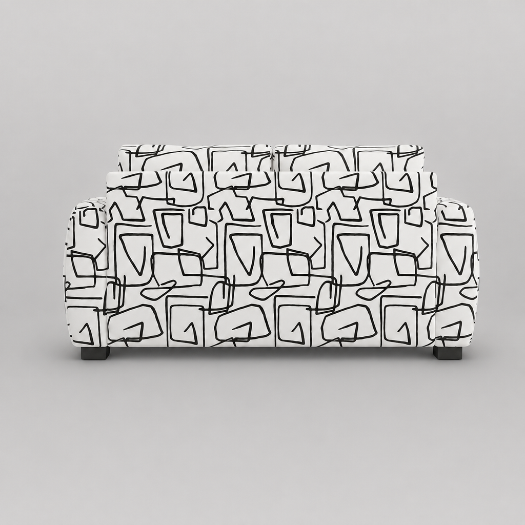 Orion Abstract Linear 2 Seater Premium Polyester Upholstered Sofa in White & Black