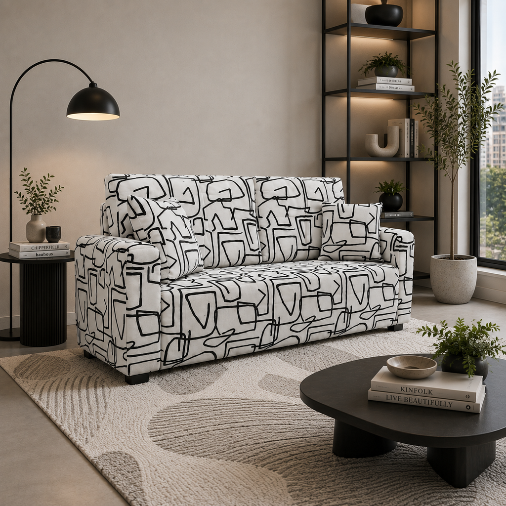 Orion Abstract Linear 2 Seater Premium Polyester Upholstered Sofa in White & Black