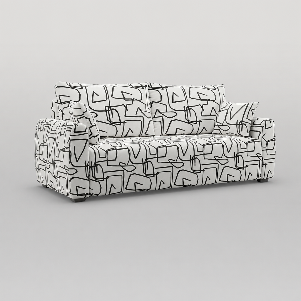 Orion Abstract Linear 3 Seater Premium Polyester Upholstered Sofa in White & Black