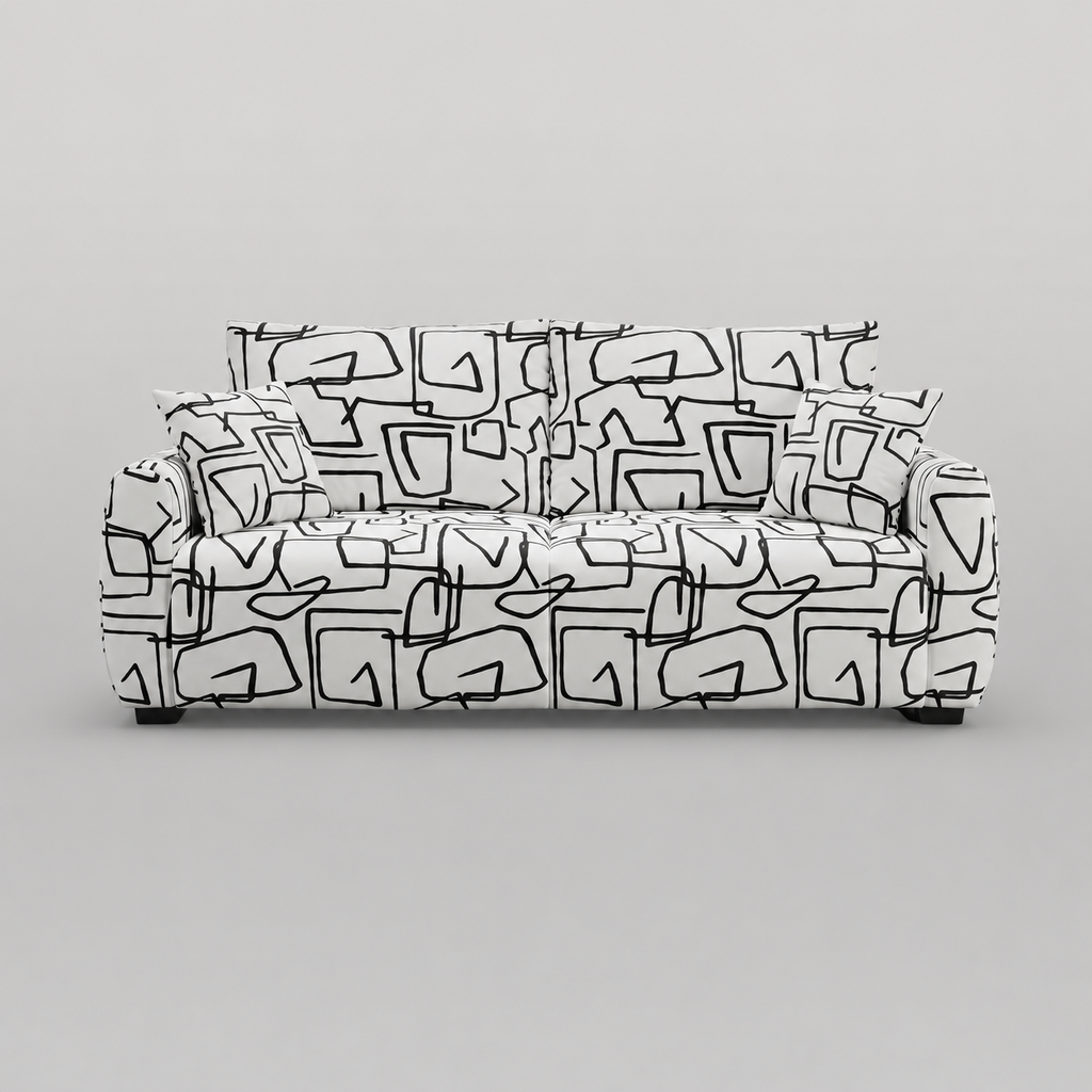 Orion Abstract Linear 3 Seater Premium Polyester Upholstered Sofa in White & Black