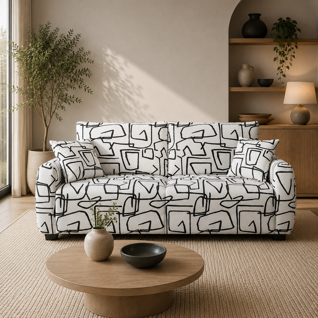 Orion Abstract Linear 3 Seater Premium Polyester Upholstered Sofa in White & Black