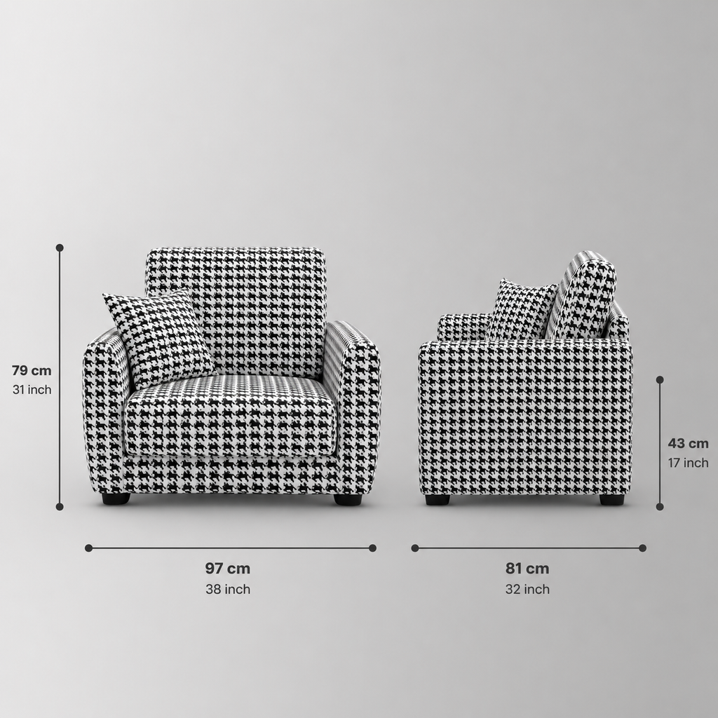 Orion Classic Houndstooth 1 Seater Premium Polyester Upholstered Sofa in White & Black