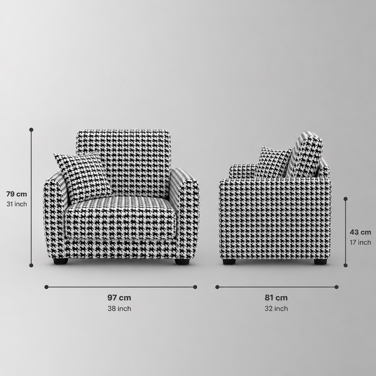 Orion Classic Houndstooth 1 Seater Premium Polyester Upholstered Sofa in White & Black