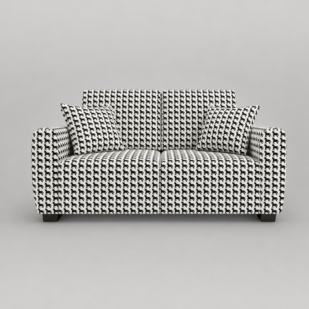 Orion Classic Houndstooth 2 Seater Premium Polyester Upholstered Sofa in White & Black