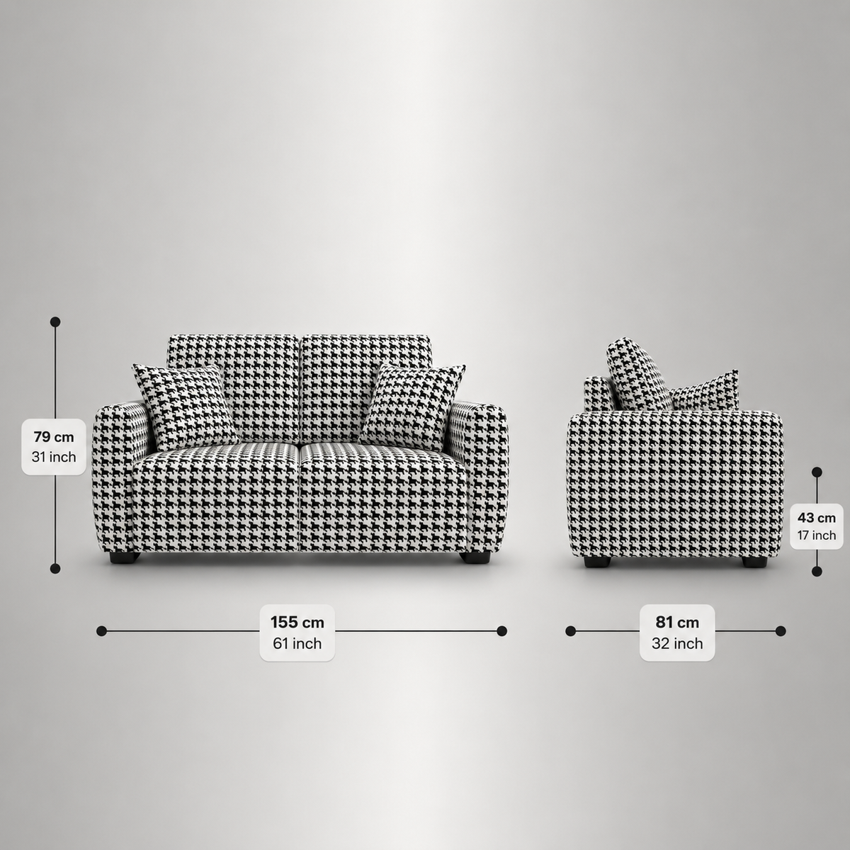 Orion Classic Houndstooth 2 Seater Premium Polyester Upholstered Sofa in White & Black