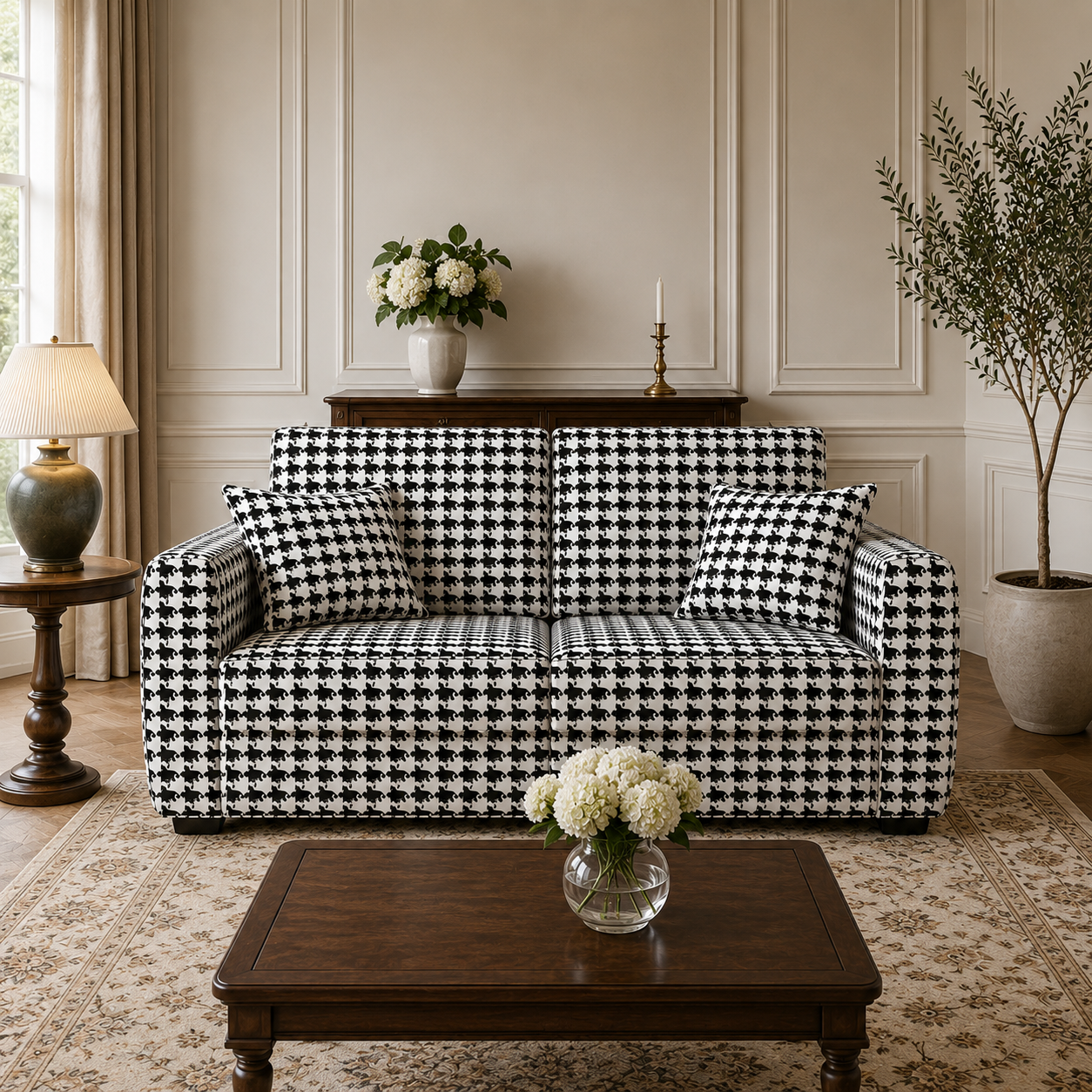 Orion Classic Houndstooth 2 Seater Premium Polyester Upholstered Sofa in White & Black