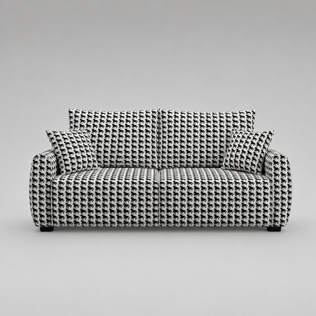 Orion Classic Houndstooth 3 Seater Premium Polyester Upholstered Sofa in White & Black