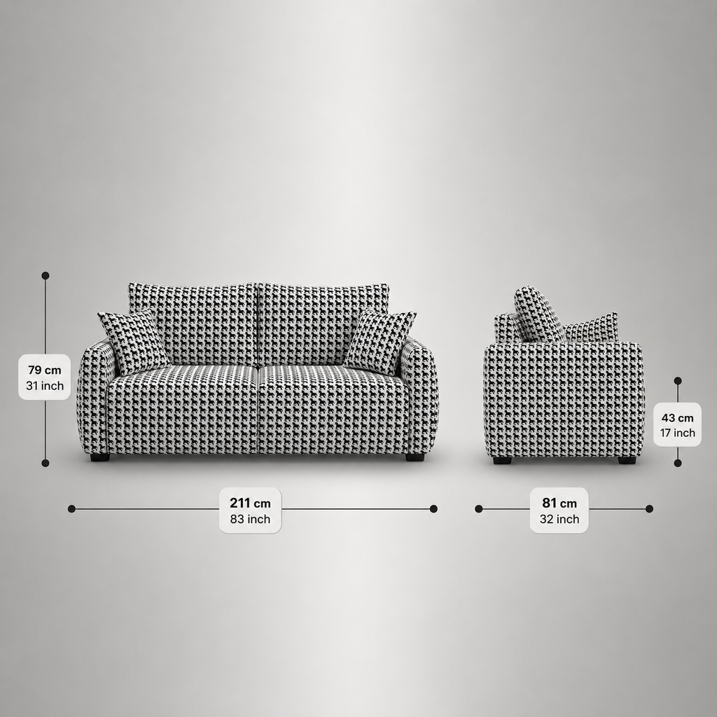 Orion Classic Houndstooth 3 Seater Premium Polyester Upholstered Sofa in White & Black